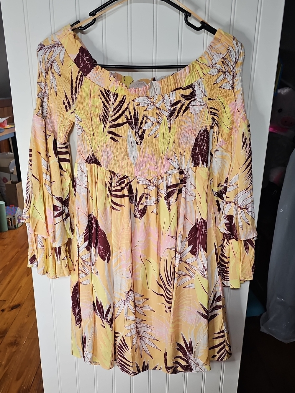 Yellow Floral Off-Shoulder Midi Dress with Tiered Sleeves